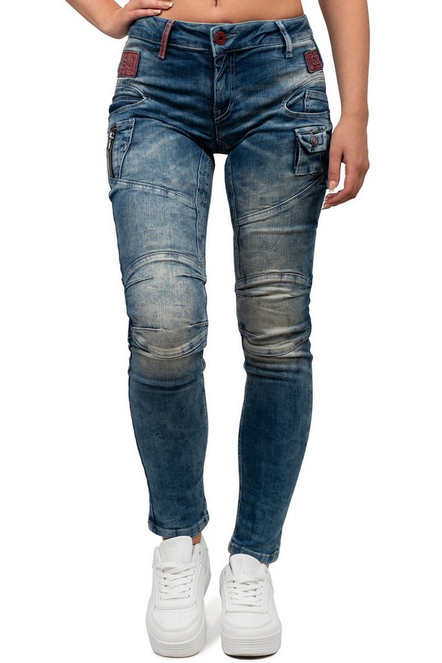 Cipo & Baxx Slim-fit-Jeans Damen Slim Fit Jeans Stonewashed BA-WD358 mit modischen Ziernähten & Zier-Reißverschlüssen von Cipo & Baxx