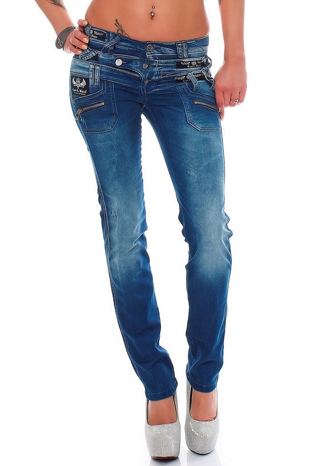 Cipo & Baxx Bikerjeans Damen straight fit Hose Stonewashed BA-CBW0282 mehrere Logos und aufgenähte Reißverschlüsse von Cipo & Baxx
