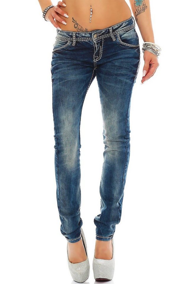 Cipo & Baxx Slim-fit-Jeans Damen Slim Fit Jeans Stonewashed BA-WD240 Blue W26/L34 mit Dicken Nähten und Verzierungen von Cipo & Baxx