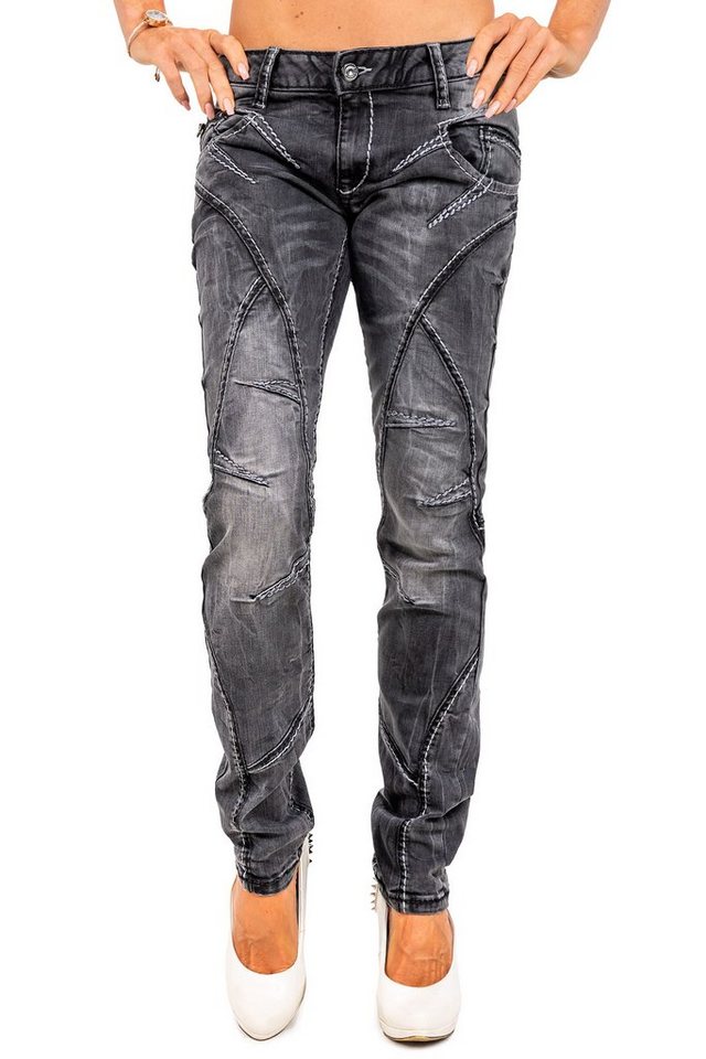 Cipo & Baxx Regular-fit-Jeans Damen straight fit Hose Stonewashed BA-WD477 Black W26/L34 (1-tlg) Stonewashed mit trendigen Ziernähten von Cipo & Baxx
