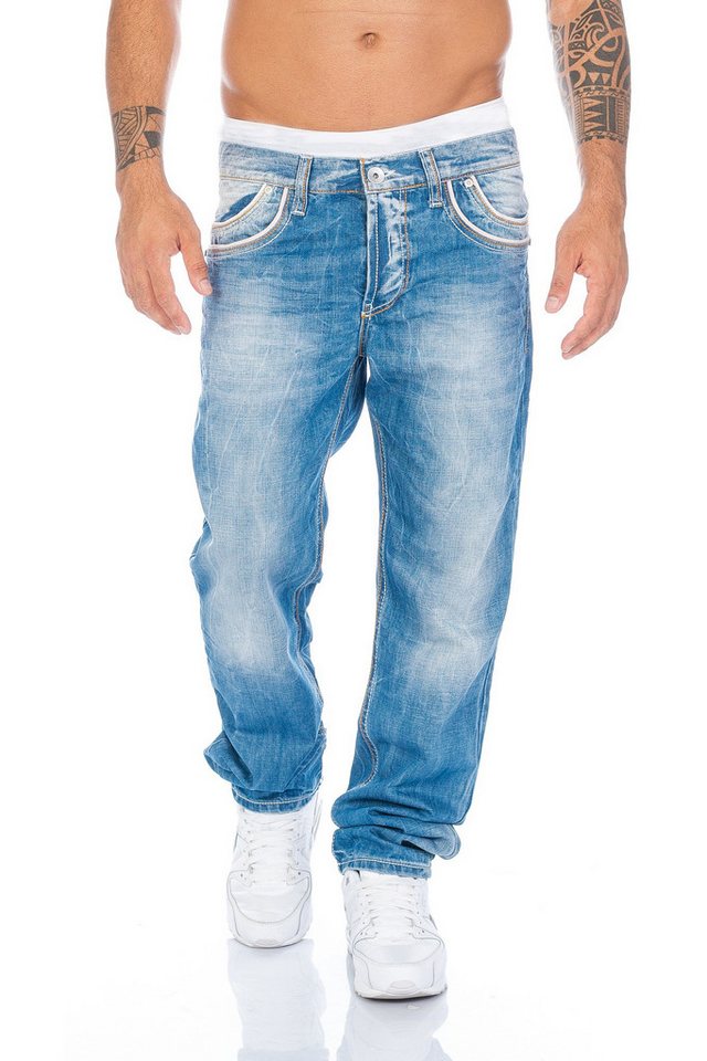 Cipo & Baxx Regular-fit-Jeans Herren Jeans Hose mit Kontrastnähten und stylischer Waschung Regular Fit Jeans Hose mit dicken Kontrastnähten und heller Waschung von Cipo & Baxx