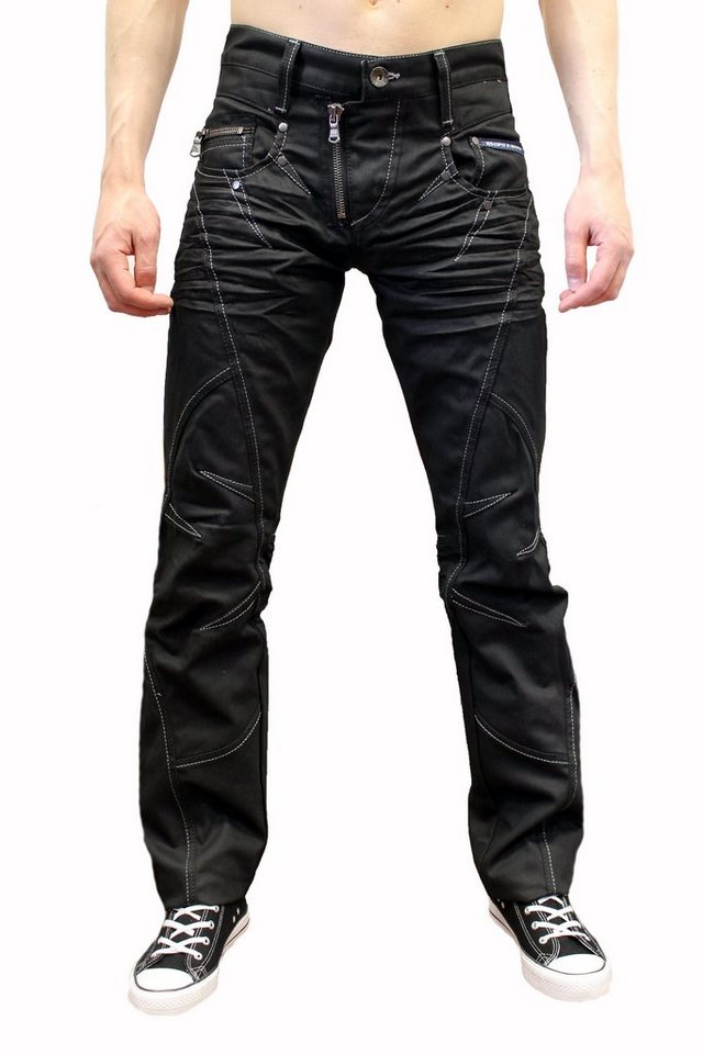 Cipo & Baxx Regular-fit-Jeans Herren Jeans Hose mit ausgefallenem Design und gewachster Waschung Weiße Kontrastnähte und stylische Zipper von Cipo & Baxx
