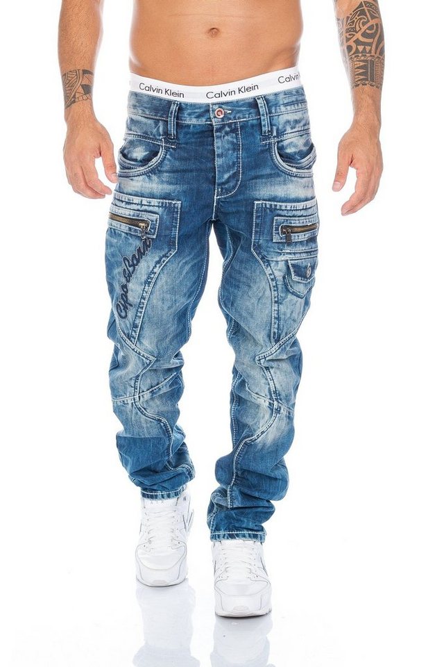 Cipo & Baxx Regular-fit-Jeans Herren Jeans Hose mit ausgfallenem Label Nahtdesign Nahtschrift von Cipo & Baxx