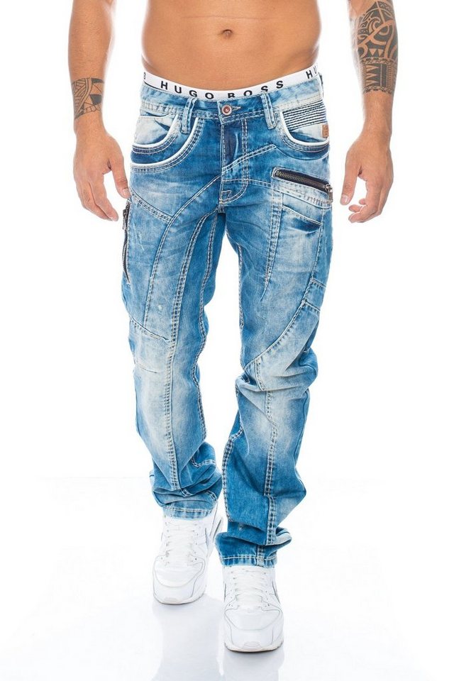 Cipo & Baxx Regular-fit-Jeans Herren Jeans Hose mit stylischen Applikationen Aufwendiges Design mit dicken Nähten, Ausgefallene Waschung mit kleinen Abriebstellen von Cipo & Baxx