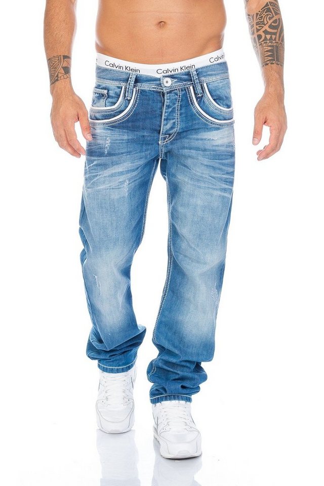 Cipo & Baxx Regular-fit-Jeans Herren Jeans Hose mit weißen Applikationen Jeans mit weißen Applikationen von Cipo & Baxx