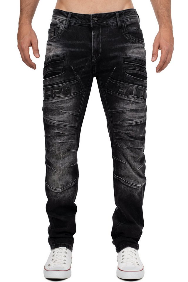 Cipo & Baxx Regular-fit-Jeans Herren Regular Fit Hose Stonewashed BA-CD491 (1-tlg) mit Kontrastnähten in Orange/Weiß von Cipo & Baxx
