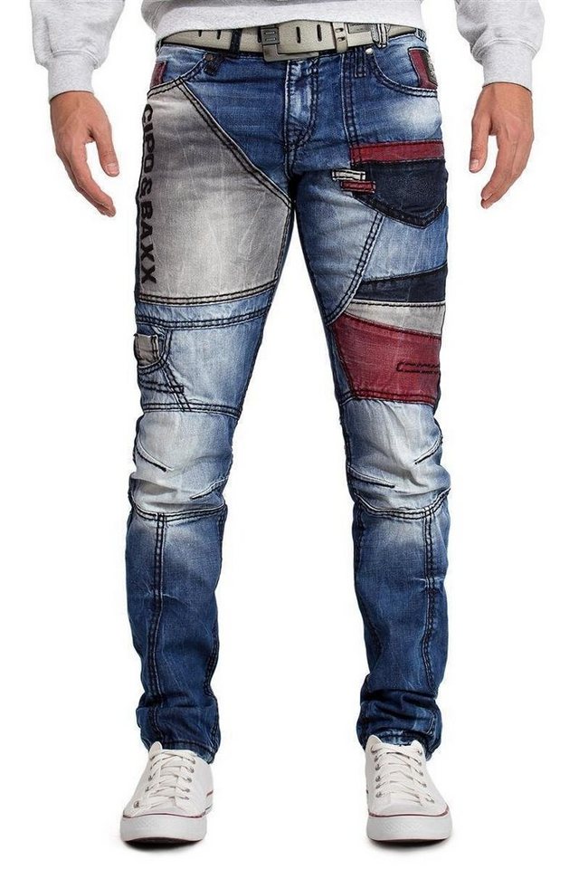 Cipo & Baxx Regular-fit-Jeans Herren bequem Biker Hose Stonewashed BA-CD574 Blue W34 (1-tlg) mit auffälligem Patchwork-Stil von Cipo & Baxx