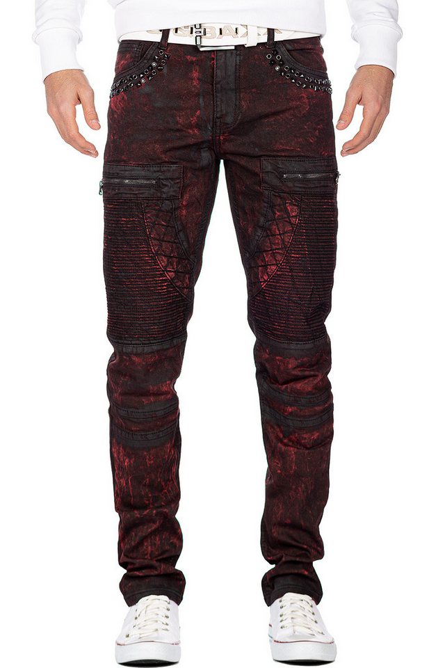 Cipo & Baxx Regular-fit-Jeans Herren regular fit Biker Hose Stonewashed BA-CD581 Bordeaux W32/L32 (1-tlg) mit Strasssteinen von Cipo & Baxx