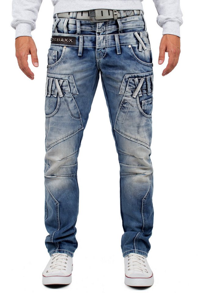 Cipo & Baxx Regular-fit-Jeans Herren regular fit Hose Stonewashed BA-CD466 mehrfarbig W29/L32 (1-tlg) mit Doppel Bund Optik und Verzierungen von Cipo & Baxx