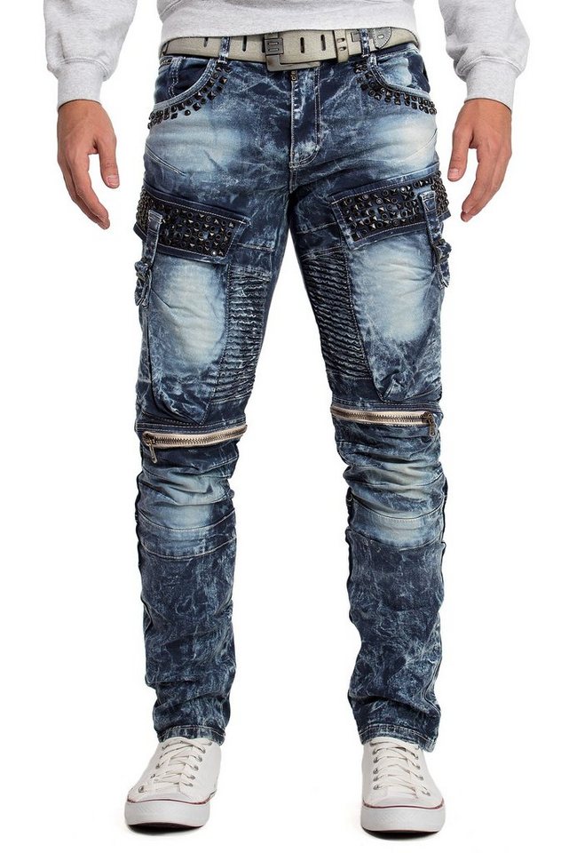 Cipo & Baxx Regular-fit-Jeans Herren regular fit Hose Stonewashed BA-CD494 Blue W38/L32 (1-tlg) Ziernähte und Rippen für Bikerstyle von Cipo & Baxx