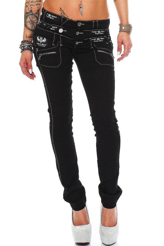 Cipo & Baxx Regular-fit-Jeans Damen Regular Fit Jeans Mid Waist BA-CBW0313 Black W27 (1-tlg) mehrfache Logos und aufgenähte Reißverschlüsse von Cipo & Baxx