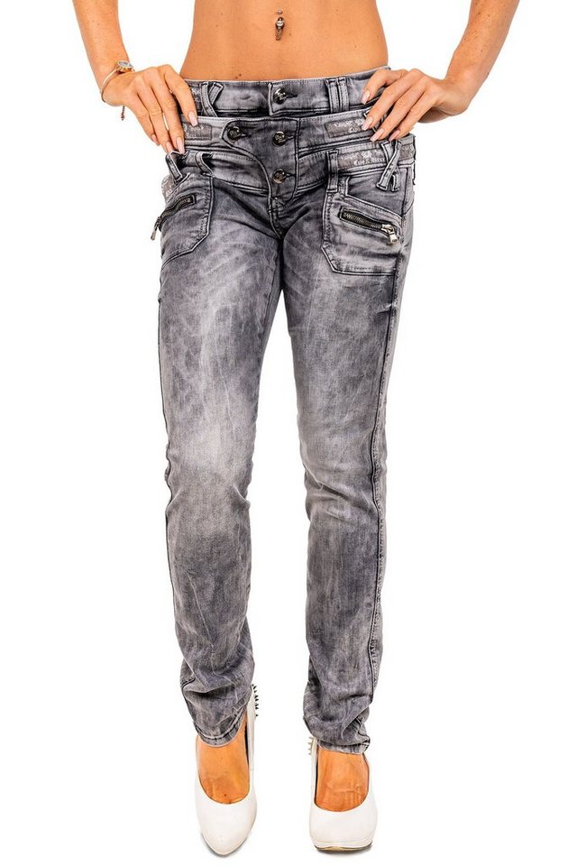 Cipo & Baxx Skinny-fit-Jeans Schwarze Hose BA-WD431 in Extravaganter Doppelbund Optik von Cipo & Baxx