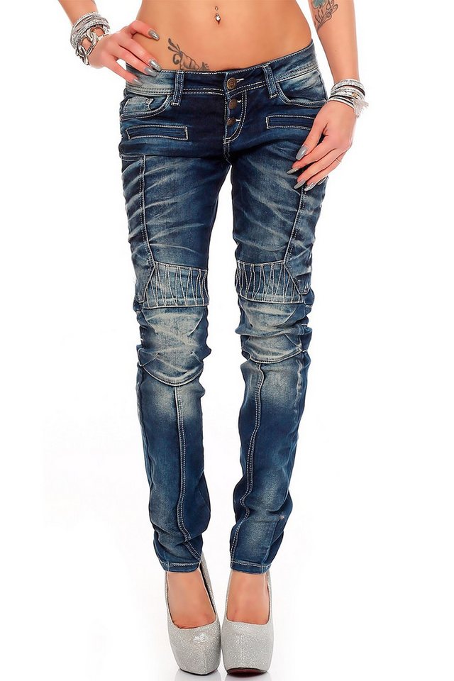 Cipo & Baxx Slim-fit-Jeans Low Waist Hose BA-WD255 Stonewashed im Biker Style mit Verzierungen von Cipo & Baxx