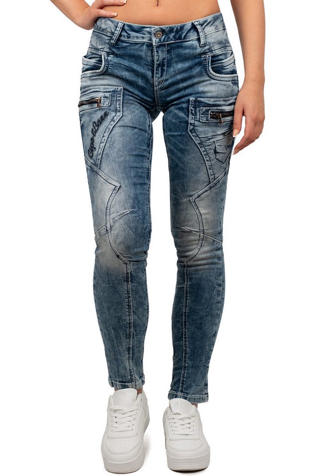 Cipo & Baxx Slim-fit-Jeans Damen Slim Fit Low Waist Hose Stone BA-WD322 im Biker Style mit Zippern und Ziernähten von Cipo & Baxx
