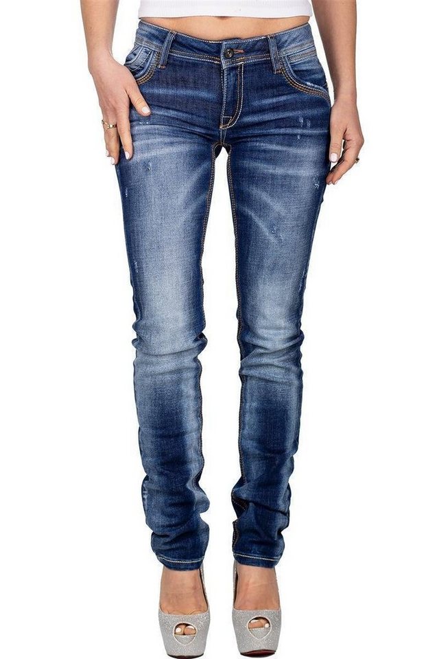 Cipo & Baxx Slim-fit-Jeans Damen Hose BA-WD433 auffälliger Destroyed-Effekt, stonewashed und aufwendige Verzierungen von Cipo & Baxx