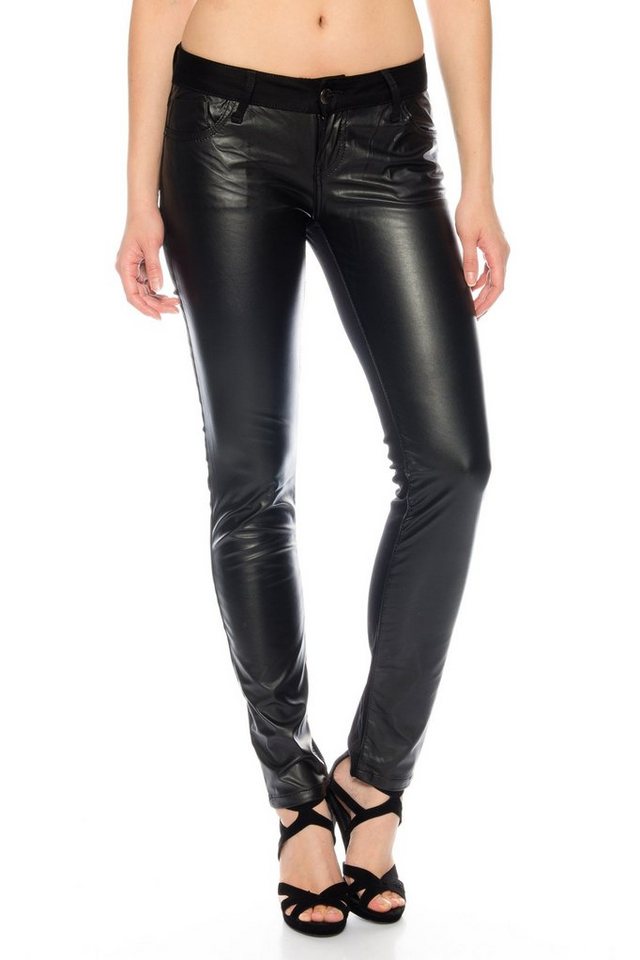 Cipo & Baxx Slim-fit-Jeans Damen Jeans Hose mit Kunstlederapplikationen Aufwendiges Kunstlederdesign auf den Vorderseiten von Cipo & Baxx