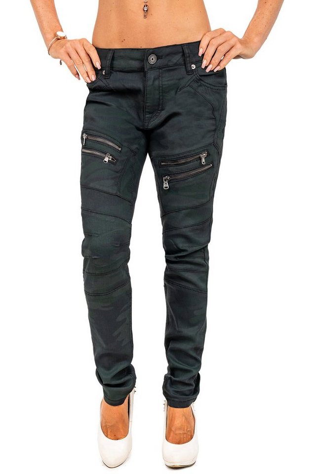 Cipo & Baxx Slim-fit-Jeans Damen Slim Fit Hose Stonewashed BA-WD501 Camouflage Green W25/L32 Camouflage Muster mit Aufgesetzten Reißverschlüssen von Cipo & Baxx