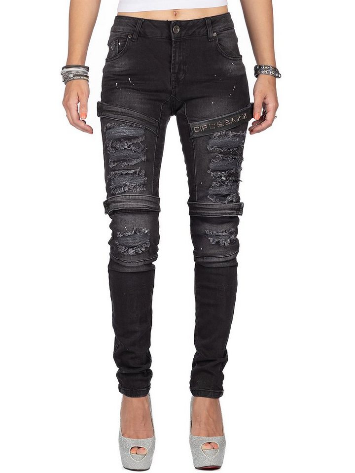 Cipo & Baxx Slim-fit-Jeans Damen Slim Fit Biker Hose Stonewashed BA-WD383 Black W25/L32 mit Aufnähern und Klettschlüssen Destroyed von Cipo & Baxx