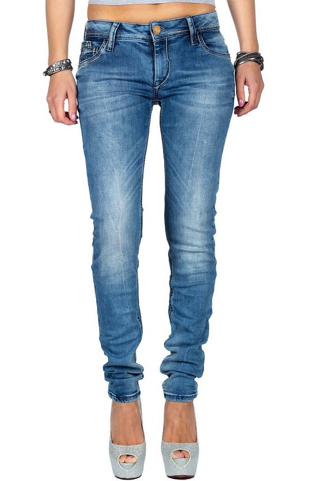 Cipo & Baxx Slim-fit-Jeans Damen Slim Fit Hose Stonewashed BA-WD344 Blue W28/L34 Rosegoldene Knöpfe von Cipo & Baxx