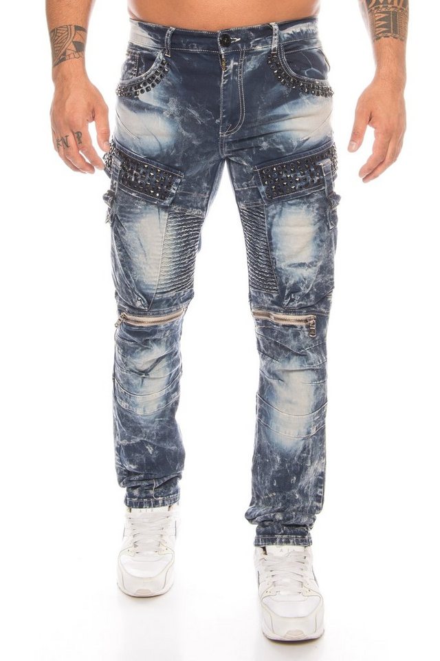 Cipo & Baxx Slim-fit-Jeans Herren Cargo Jeans Hose mit Strasssteinen Jeanshose mit Zierreißverschlüssen und stylischer Batik Waschung von Cipo & Baxx