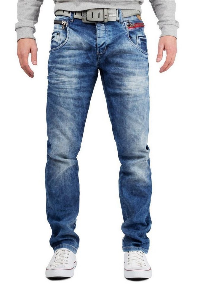Cipo & Baxx Slim-fit-Jeans Herren Hose BA-CD394 W30/L34 mit roten Zipper und Stonewashed Effekten von Cipo & Baxx