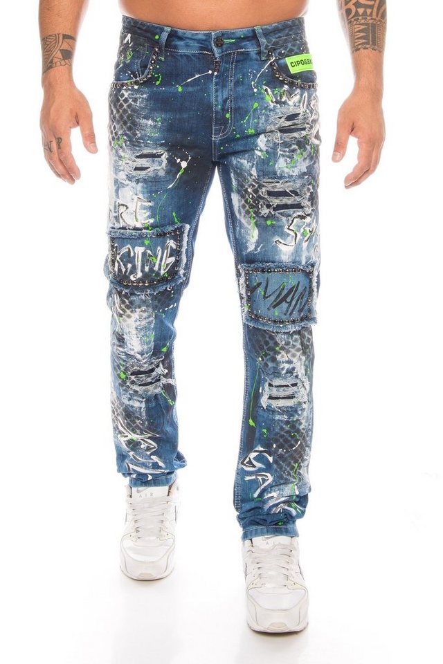 Cipo & Baxx Slim-fit-Jeans Herren Jeans Hose mit ausgefallenem Graffiti Design Aufwendige Verarbeitung mit Nieten und neongrünen Details von Cipo & Baxx