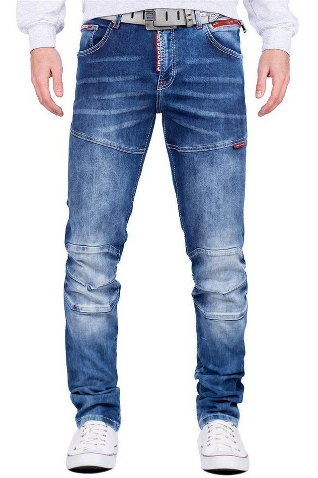 Cipo & Baxx Straight-Jeans Herren straight fit Hose Stonewashed BA-CD698 Blue W38/L32 mit stylischen roten Akzenten von Cipo & Baxx