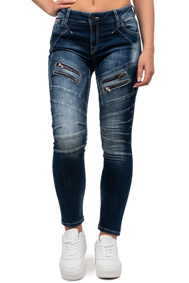 Cipo & Baxx Slim-fit-Jeans Damen Slim Fit Jeans Ohne Waschung BA-WD501 Camouflage Muster mit Aufgesetzten Reißverschlüssen von Cipo & Baxx
