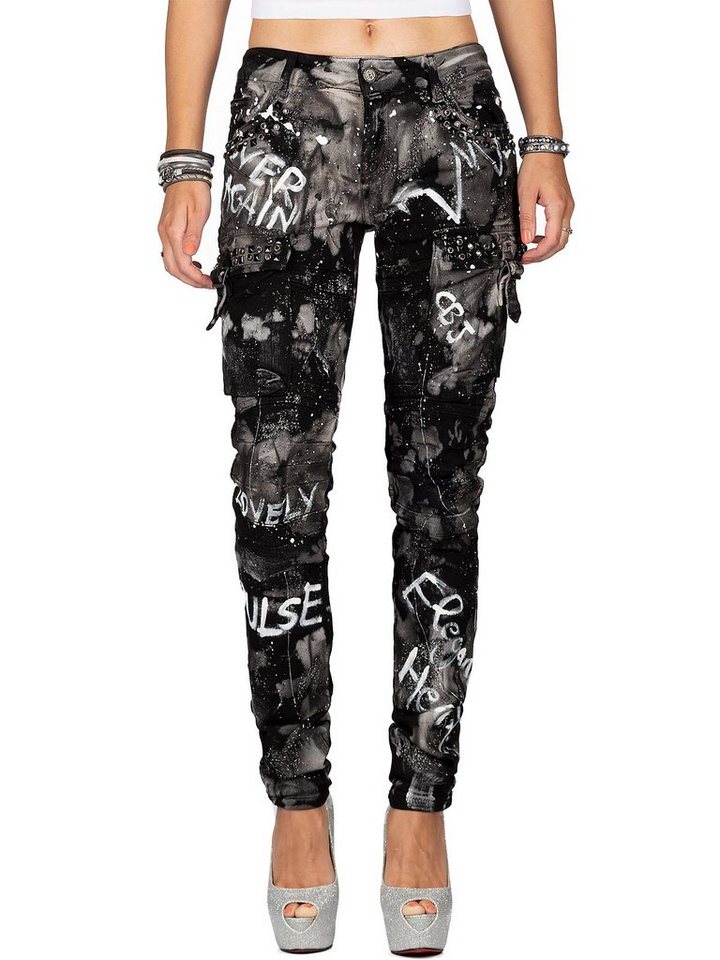 Cipo & Baxx Straight-Jeans Damen straight fit Biker Hose Mid Waist BA-WD397 Black W26/L32 Aufwendiges Design mit Schriftzügen und Strasssteinen von Cipo & Baxx