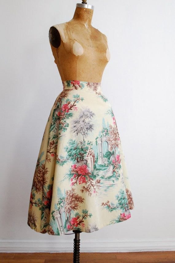 1940Er Rayon/Acetat Toile Rock - Schönes Design, Pastoral, Pink, Blau, Neuer Look 1940Er Rayon/Acetat Toile Rock - Schönes Design, Pastoral, Pink, Blau, Neuer Look von Circa1909