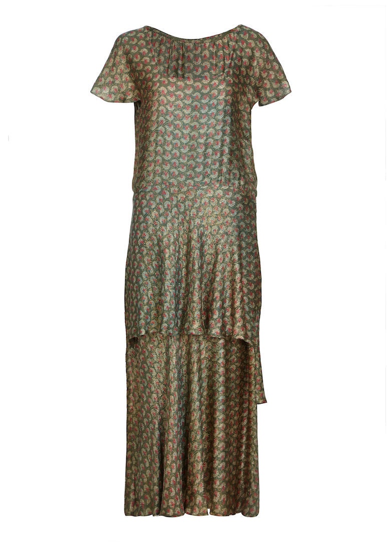 1920S Grün Lame Tiered Deco Print Kleid von CircaVintageLondon
