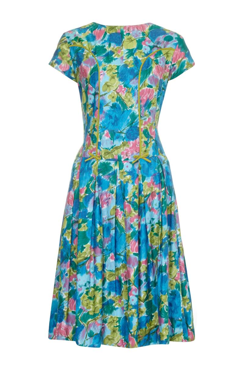1950Er Jahre Riddella Grün Blaues Und Pink Geblümtes Baumwollkleid von CircaVintageLondon