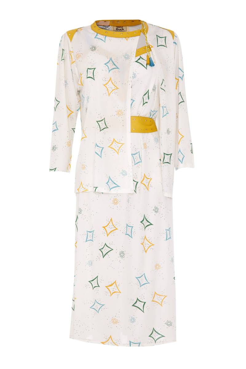 Ann Buck 1970S Weiß Bedruckter Jersey Zweiteiler Mit Lederbesatz von CircaVintageLondon