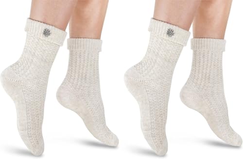 Circle Five 2 Paar Trachten Socken mit Edelweiß-Pin oder Knopf, Socken für Damen und Herren inSilber- oder Naturmelange Gr. 35-50 Farbe Naturmelange mit Edelweiß-Pin Größe 39/42 von Circle Five