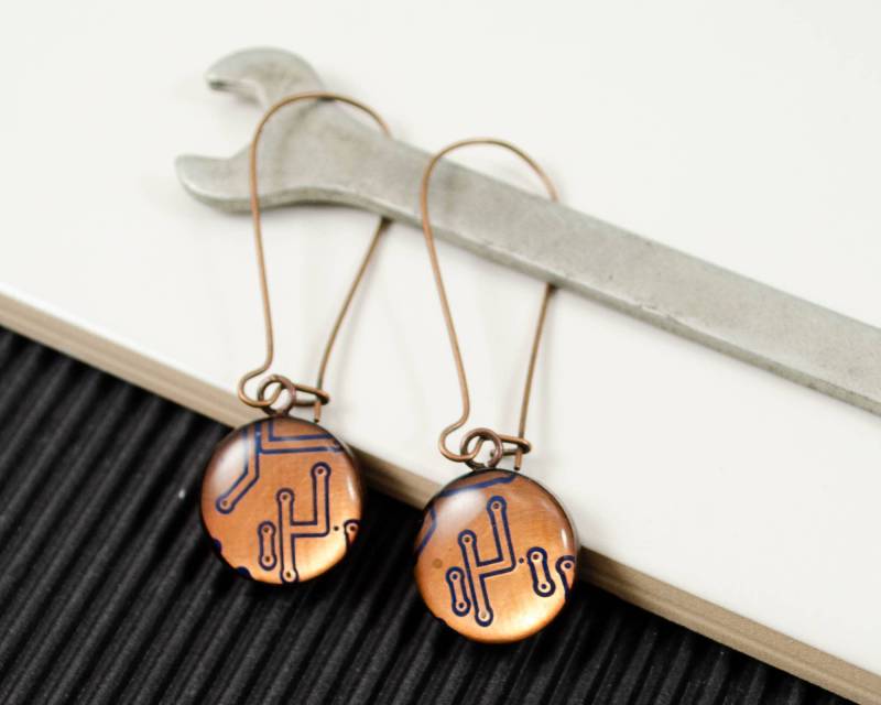 Kupfer Recycelte Platinen Ohrringe, Lange Ohrhaken, Ohrringe Aus Recycelten Motherboards, Frauen in Der Technik von CircuitBreakerLabs