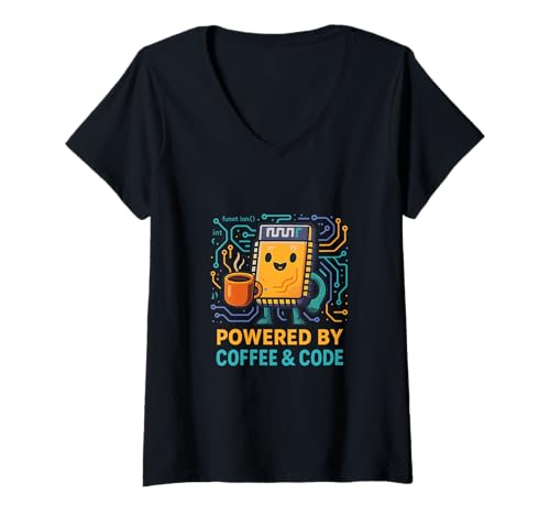 Damen Powered by Coffee & Code T-Shirt mit V-Ausschnitt Damen Powered by Coffee & Code T-Shirt mit V-Ausschnitt von CircuitBrew Collective