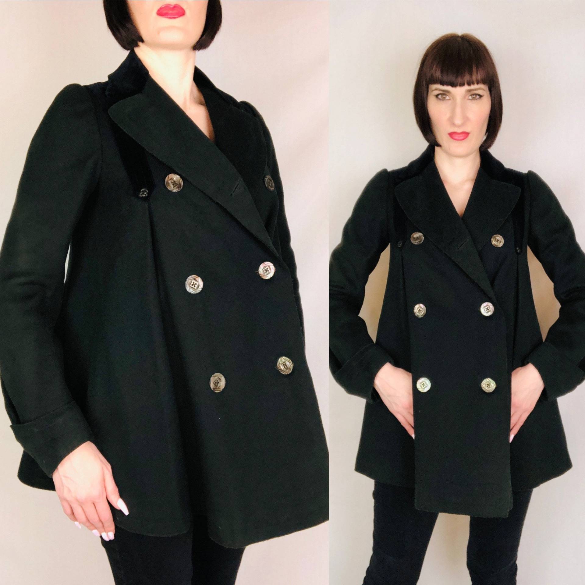 Antik Edwardian 1900Er 1910Er Schwarze Wolle + Samt Doppelbrust Trapez Swing Coat/Peacoat von CircusCatVintage