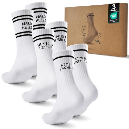 Cirorld 3 Paar Socken Damen & Herren, Statement Tennissocken mit Spruch, Atmungsaktive Gepolsterte Baumwolle Sportsocken mit Motiv Weiß Schwarz von Cirorld