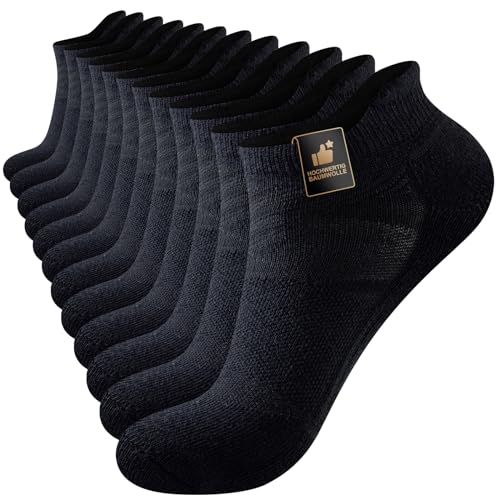 Cirorld 6 Paar Sneaker Socken Herren Damen Atmungsaktive Baumwolle Sportsocken Anti-Blister Gepolsterte Laufsocken Sommer Halbsocken Knöchelsocken Schwarz Weiß 37-42 (Reines Schwarz) von Cirorld