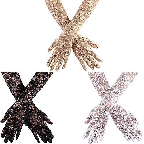 Cisixin 3 Paar Lange Spitzen Handschuhe,Spitzenhandschuhe mit Blumenmuster,Vintage Floral Spitze Ellenbogen Länge Handschuhe für Hochzeiten, Dinnerpartys von Cisixin