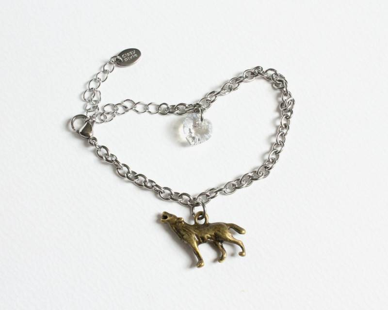 Wolf Und Swarovski Kristall Herz Edelstahl Armband | Bronze Oder Silber Wolf Wolf Und Swarovski Kristall Herz Edelstahl Armband | Bronze Oder Silber Wolf von CissyPixie