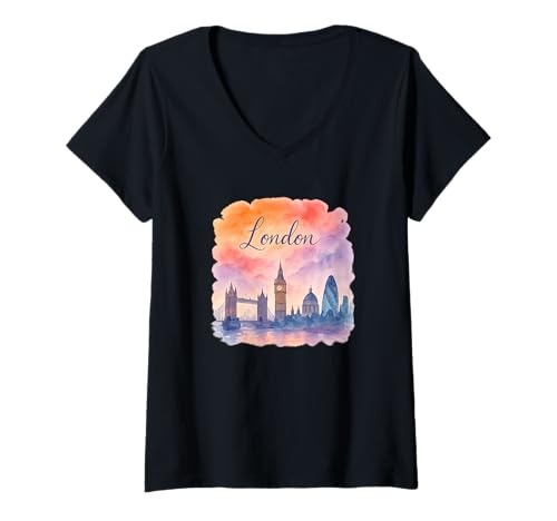 Damen London Skyline Aquarell-Grafikdesign T-Shirt mit V-Ausschnitt Damen London Skyline Aquarell-Grafikdesign T-Shirt mit V-Ausschnitt von Cities of the World with Watercolor Designs
