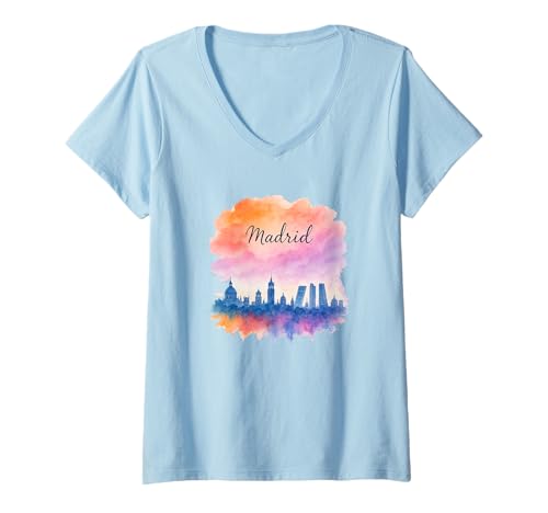 Damen Madrid Skyline Aquarell-Grafikdesign T-Shirt mit V-Ausschnitt Damen Madrid Skyline Aquarell-Grafikdesign T-Shirt mit V-Ausschnitt von Cities of the World with Watercolor Designs