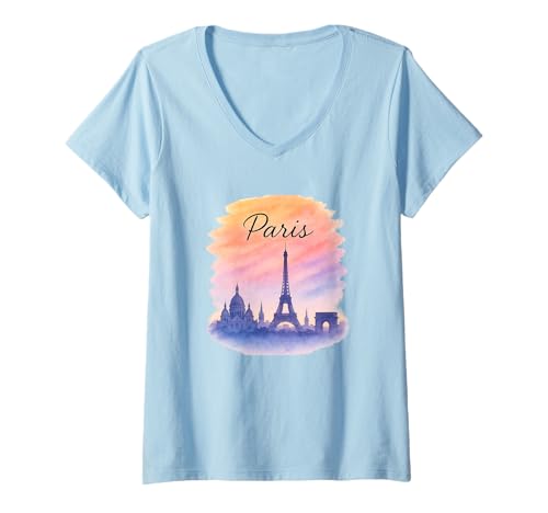Damen Paris Skyline Aquarell Grafikdesign T-Shirt mit V-Ausschnitt Damen Paris Skyline Aquarell Grafikdesign T-Shirt mit V-Ausschnitt von Cities of the World with Watercolor Designs