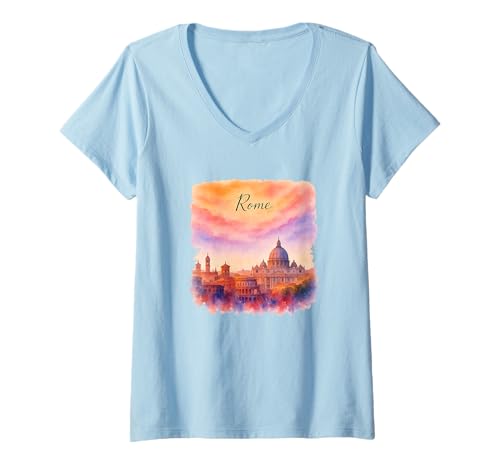 Damen Rom Skyline Aquarell Grafikdesign T-Shirt mit V-Ausschnitt Damen Rom Skyline Aquarell Grafikdesign T-Shirt mit V-Ausschnitt von Cities of the World with Watercolor Designs