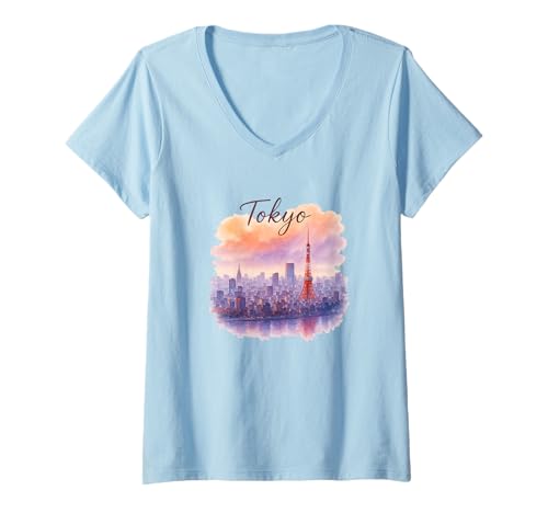 Damen Tokyo Skyline Aquarell-Grafikdesign T-Shirt mit V-Ausschnitt Damen Tokyo Skyline Aquarell-Grafikdesign T-Shirt mit V-Ausschnitt von Cities of the World with Watercolor Designs