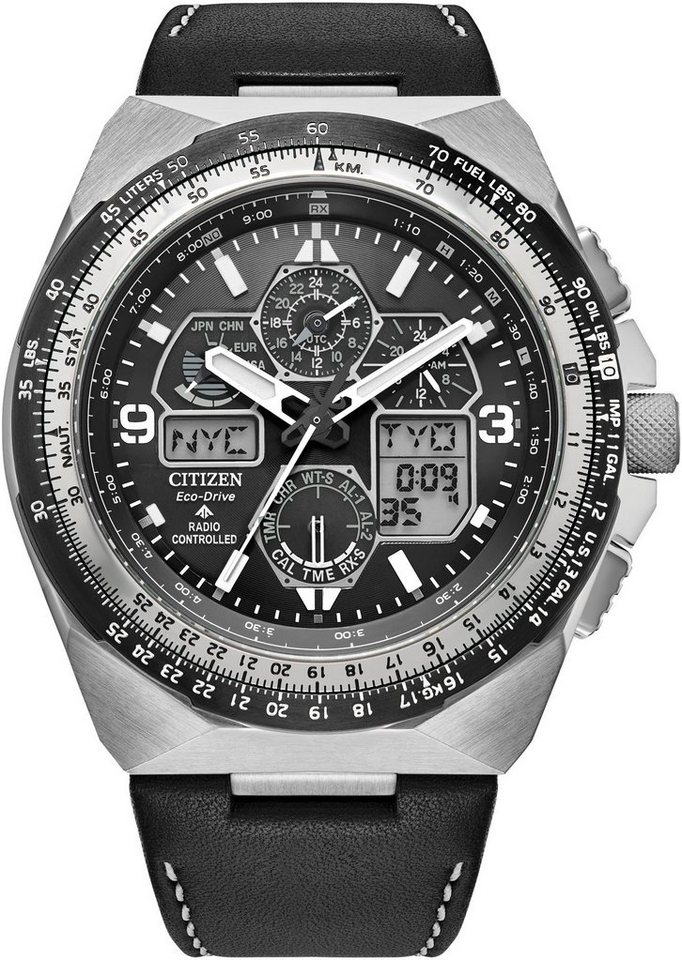 Citizen Funkchronograph Promaster Skyhawk JY8149-05E, Armbanduhr, Herrenuhr, Solar, Lederarmband, Saphirglas, Datum von Citizen