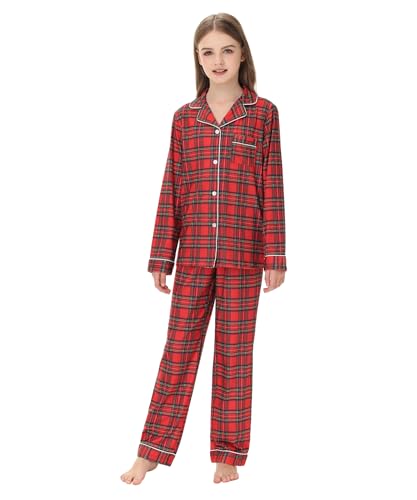 Citridarll Jungen Mädchen Schlafanzüge 2 Stück Herbst Winter Pyjama Kleidung Sets Kinder Teenager Langarm Button Down Plaid Loungewear Set, 140, 9–10 Jahre, Rot Kariert von Citridarll