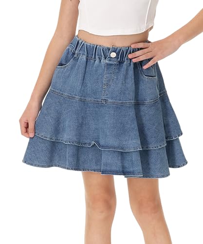 Citridarll Mädchen Denim Rock Mini Rock hohe Taille geschichtet Rüschen Saum kurze Kuchen Röcke mit Tasche von Citridarll