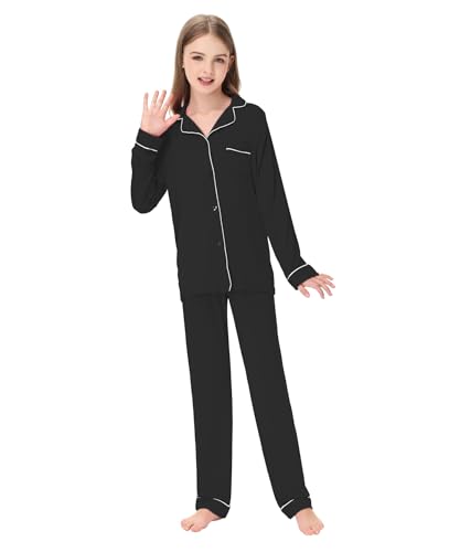 Citridarll Mädchen Pyjama Set Kinder Nachtwäsche mit Knöpfen Langärmeliger Pyjama Weiche bequeme Nachtwäsche mit langer Hose, Schwarz, 150,11-12 Jahre von Citridarll